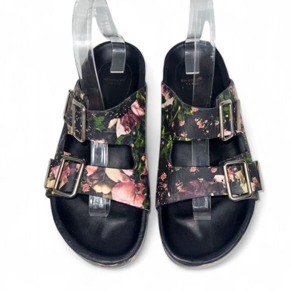 Authentic GIVENCHY Black Floral Print Leather Dual Strap Slides Size EU38 - Picture 4 of 12